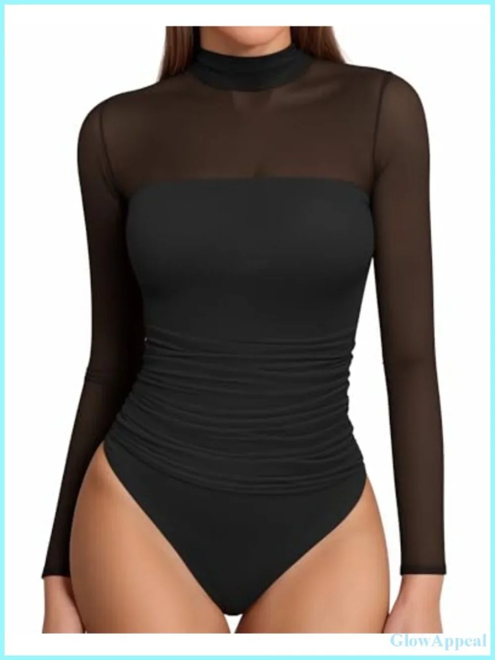 Mock Turtle Neck Sheer Mesh Bodysuit Long Sleeve Thong